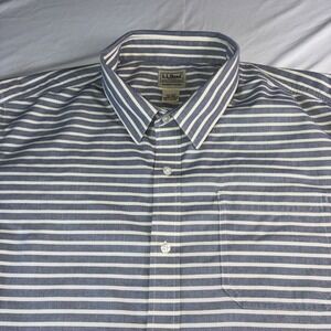 LL Bean Mens XXL Blue White Striped Cotton Button Down Shirt Slightly Fitted